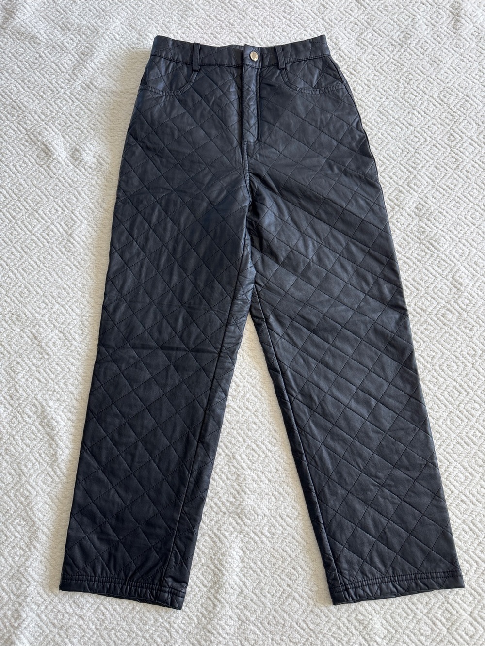 ZARA Quilted Straight Leg Pants Sz XS High Waist Faux Leather Black